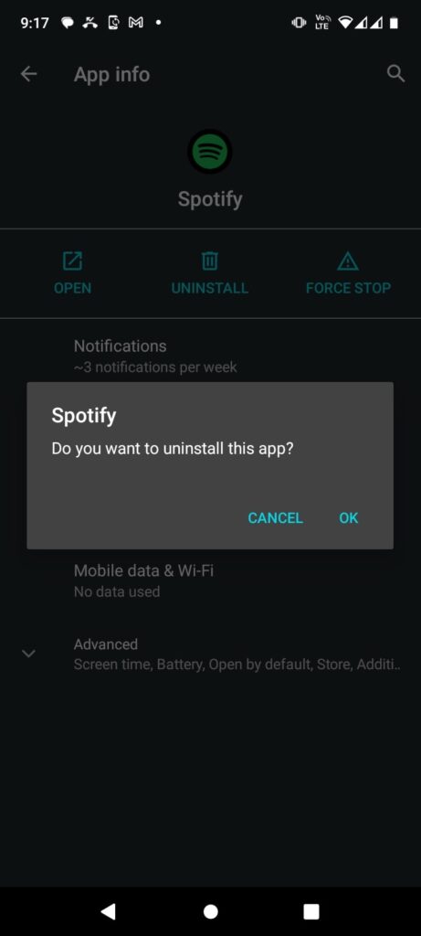 confirm uninstalling spotify on android