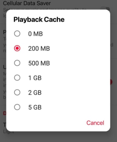 Cache playback limit on Apple Music for Android