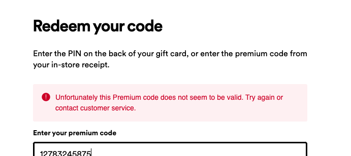 spotify gift card redemption error message